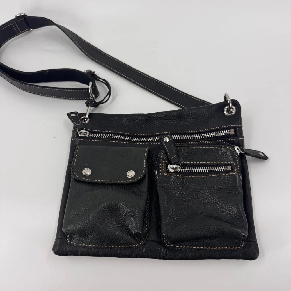 Vintage‎ Fossil Black Pebbled Leather Multi Pocket Organizer Crossbody Bag